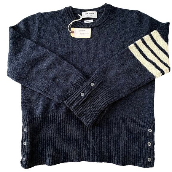 THOM BROWNE: Men's Navy Shetland Wool Crew Pullover - 1 - Picture 2 of 9